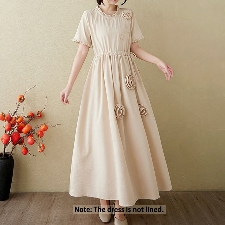 Robe midi en coton et lin à volants et manches courtes, motif floral tridimensionnel Buddha Stones, avec poches - image 18