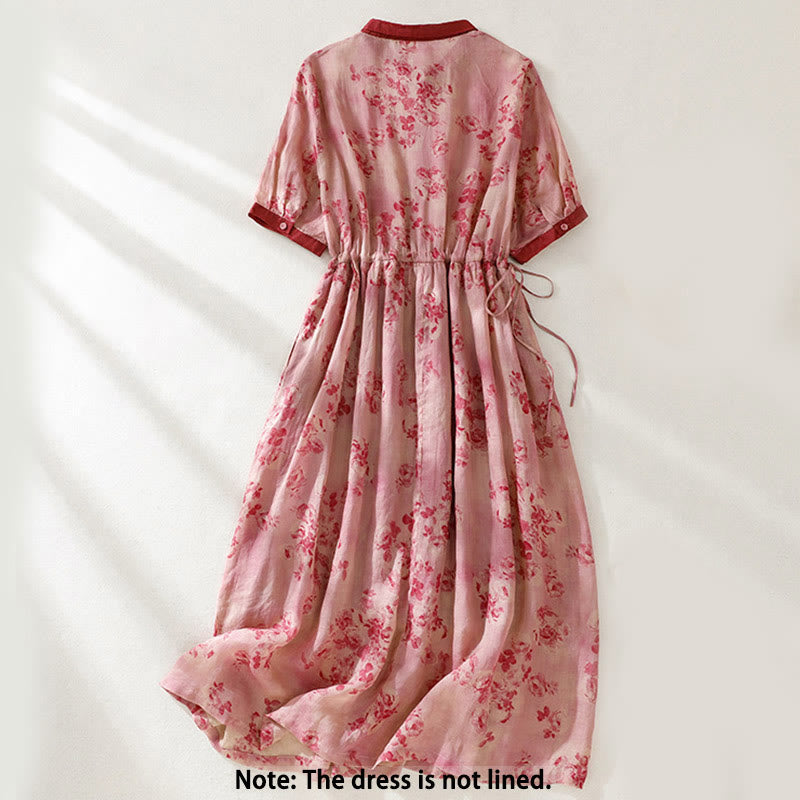 Robe mi-longue en coton à manches courtes et taille haute avec cordon de serrage et boutons imprimés de Buddha Stones et poches - image 1