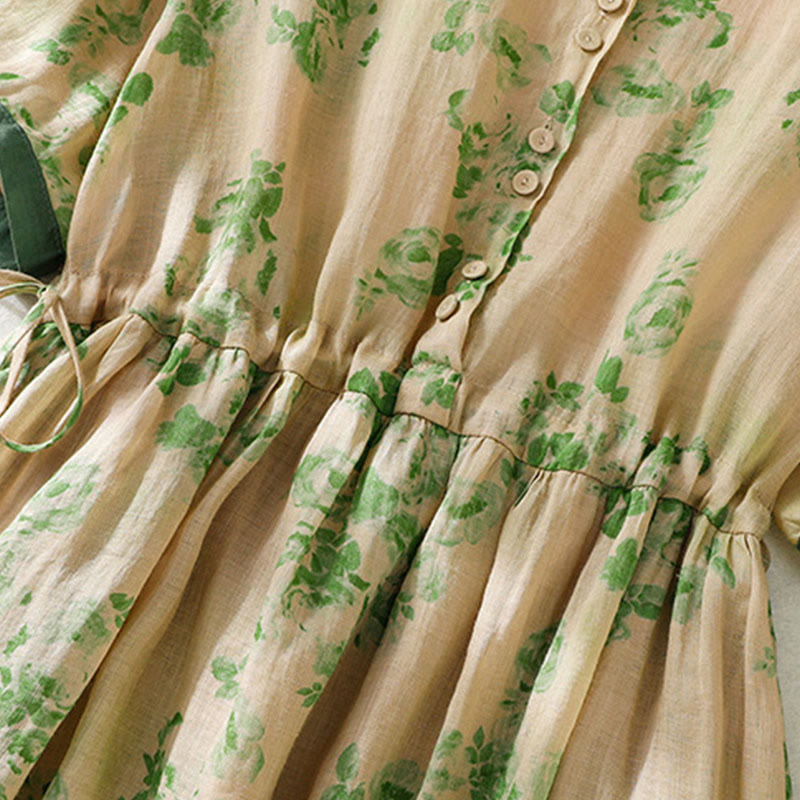 Robe mi-longue en coton à manches courtes et taille haute avec cordon de serrage et boutons imprimés de Buddha Stones et poches - image 16