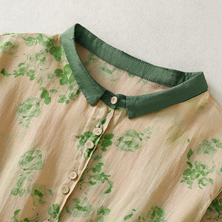 Robe mi-longue en coton à manches courtes et taille haute avec cordon de serrage et boutons imprimés de Buddha Stones et poches - image 9