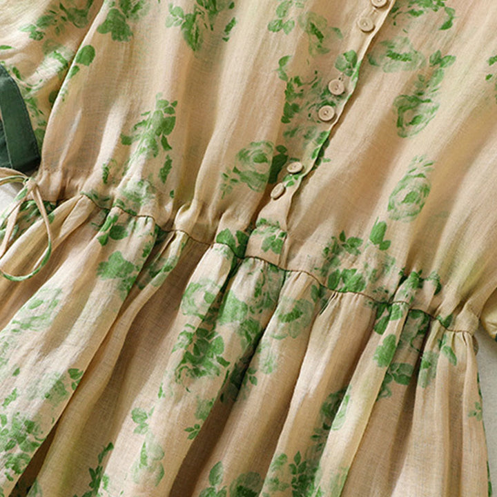 Robe mi-longue en coton à manches courtes et taille haute avec cordon de serrage et boutons imprimés de Buddha Stones et poches - image 15