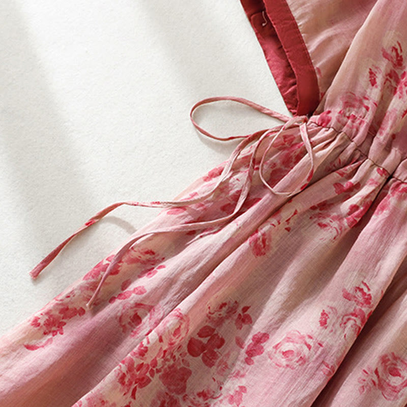 Robe mi-longue en coton à manches courtes et taille haute avec cordon de serrage et boutons imprimés de Buddha Stones et poches - image 4