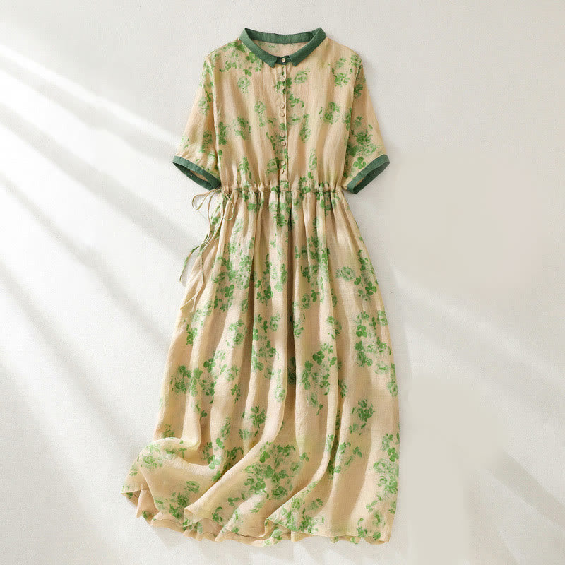 Robe mi-longue en coton à manches courtes et taille haute avec cordon de serrage et boutons imprimés de Buddha Stones et poches - Verge d'or claireJaune - US8-10，UK/AU12-14，EU40-42 (2XL) - image 8
