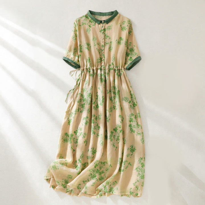 Robe mi-longue en coton à manches courtes et taille haute avec cordon de serrage et boutons imprimés de Buddha Stones et poches - Verge d'or claireJaune - US8-10，UK/AU12-14，EU40-42 (2XL) - image 8