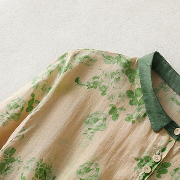 Robe mi-longue en coton à manches courtes et taille haute avec cordon de serrage et boutons imprimés de Buddha Stones et poches - image 11