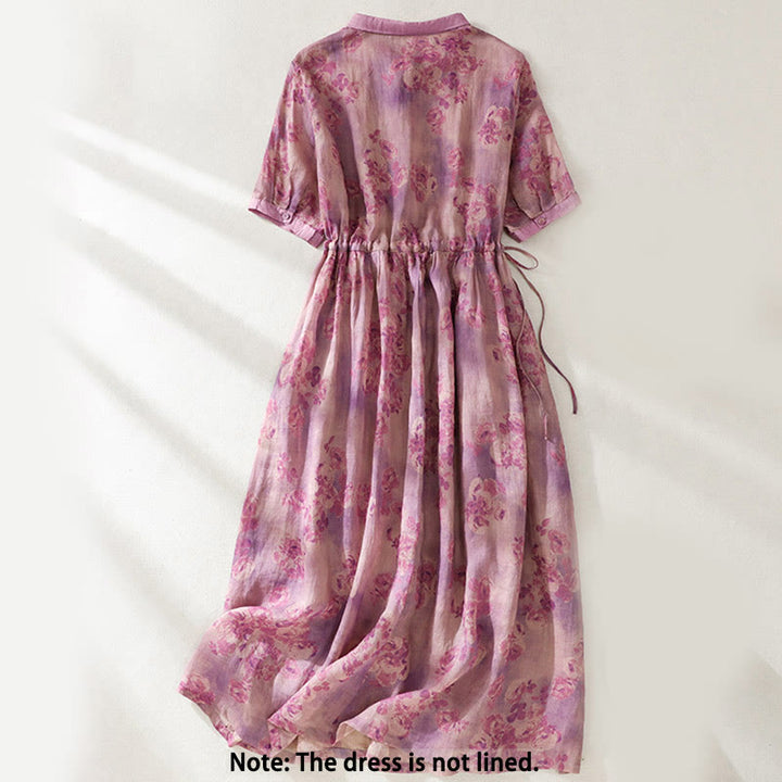 Robe midi à manches courtes, taille haute, imprimé de Buddha Stones, boutons et cordon de serrage, avec poches - image 21