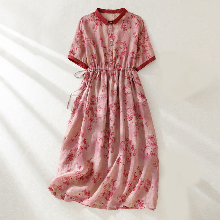 Robe midi à manches courtes, taille haute, imprimé de Buddha Stones, boutons et cordon de serrage, avec poches - Saumon - US8-10，UK/AU12-14，EU40-42 (2XL) - image 0
