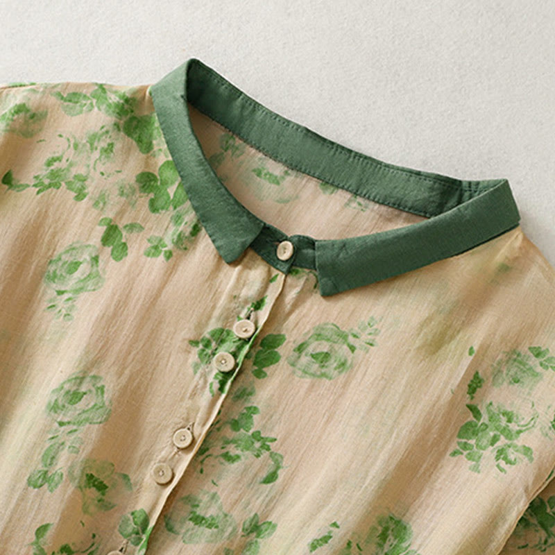 Robe midi à manches courtes, taille haute, imprimé de Buddha Stones, boutons et cordon de serrage, avec poches - image 9