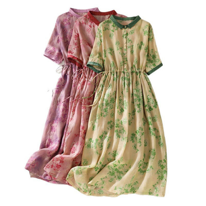 Robe mi-longue en coton à manches courtes et taille haute avec cordon de serrage et boutons imprimés de Buddha Stones et poches - image 31