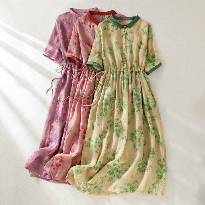 Robe mi-longue en coton à manches courtes et taille haute avec cordon de serrage et boutons imprimés de Buddha Stones et poches - image 28