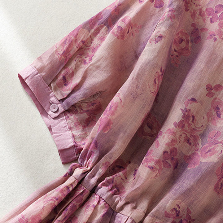 Robe mi-longue en coton à manches courtes et taille haute avec cordon de serrage et boutons imprimés de Buddha Stones et poches - image 25