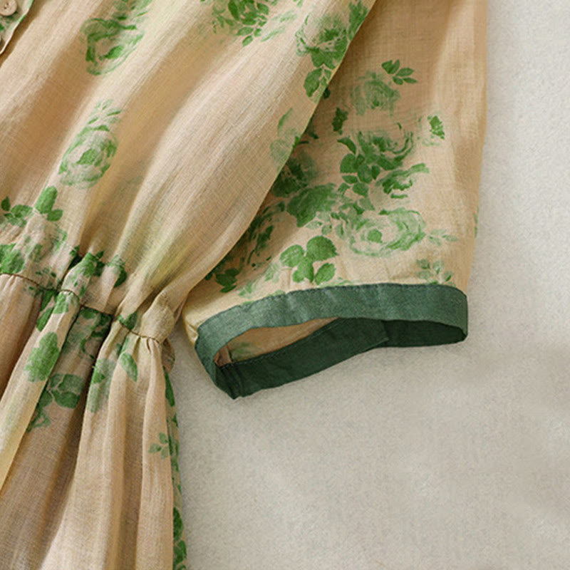 Robe mi-longue en coton à manches courtes et taille haute avec cordon de serrage et boutons imprimés de Buddha Stones et poches - image 13