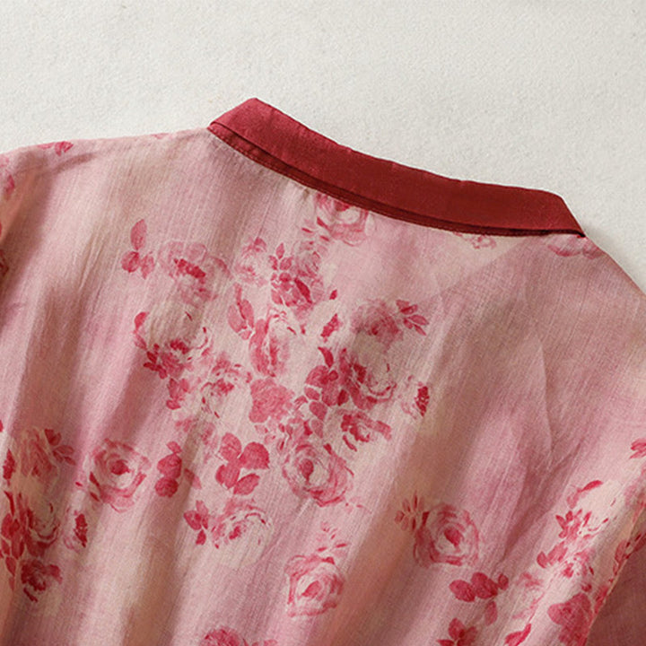 Robe mi-longue en coton à manches courtes et taille haute avec cordon de serrage et boutons imprimés de Buddha Stones et poches - image 3