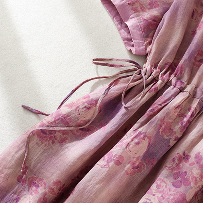 Robe mi-longue en coton à manches courtes et taille haute avec cordon de serrage et boutons imprimés de Buddha Stones et poches - image 26