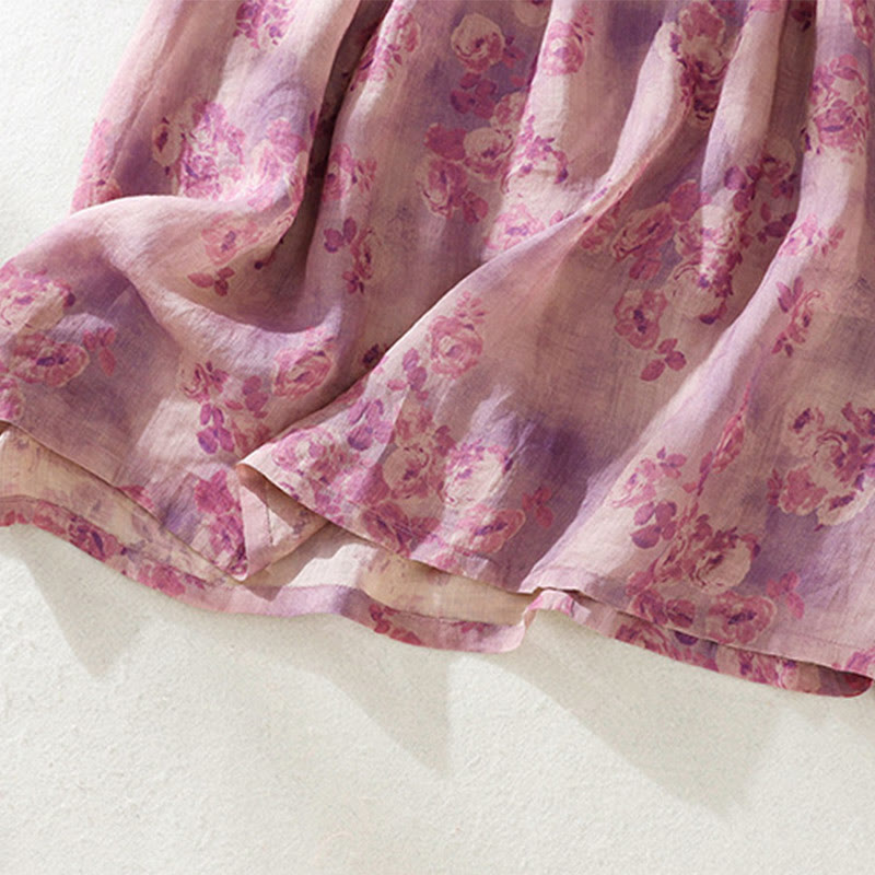 Robe mi-longue en coton à manches courtes et taille haute avec cordon de serrage et boutons imprimés de Buddha Stones et poches - image 27