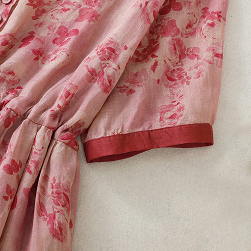 Robe mi-longue en coton à manches courtes et taille haute avec cordon de serrage et boutons imprimés de Buddha Stones et poches - image 5