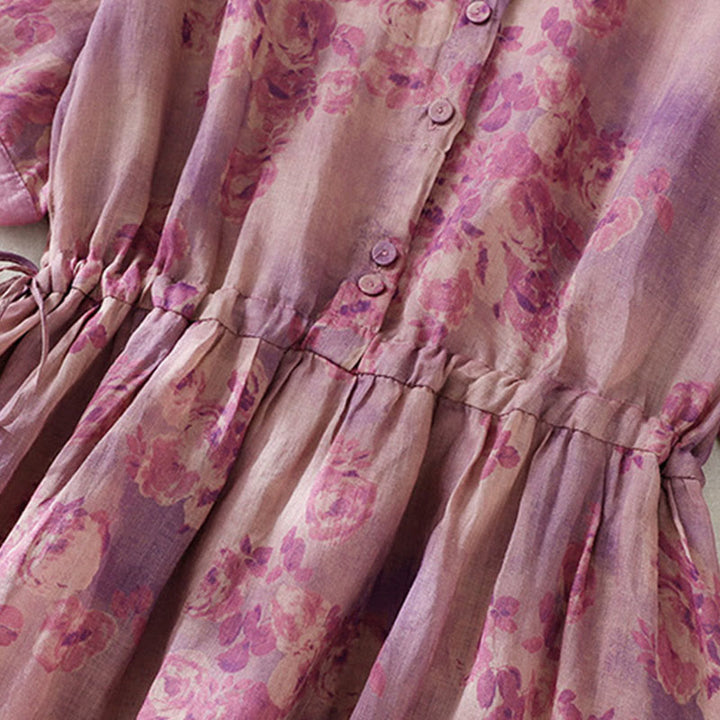 Robe mi-longue en coton à manches courtes et taille haute avec cordon de serrage et boutons imprimés de Buddha Stones et poches - image 24