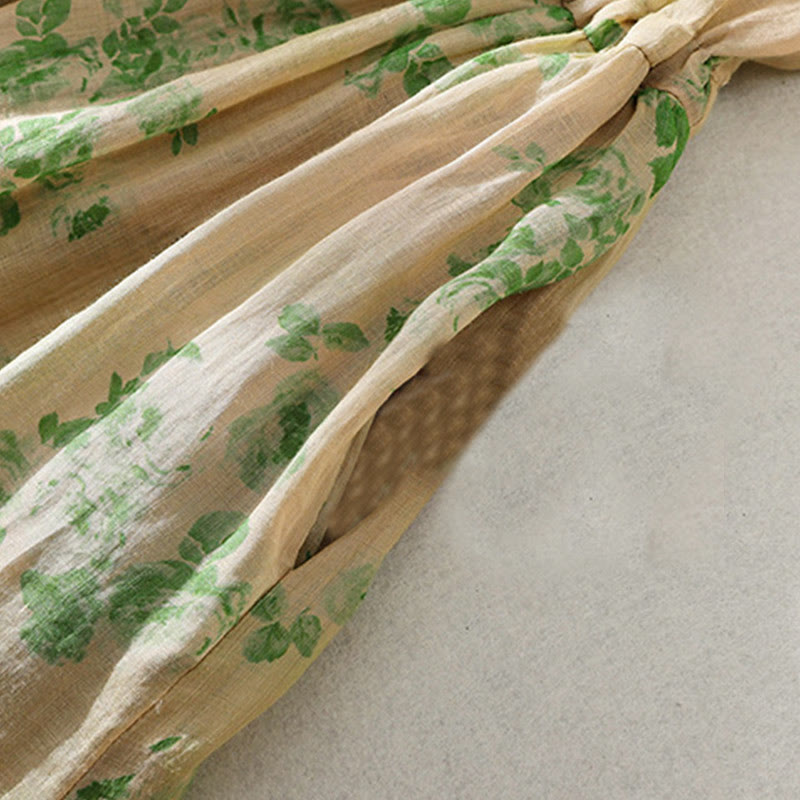 Robe mi-longue en coton à manches courtes et taille haute avec cordon de serrage et boutons imprimés de Buddha Stones et poches - image 17