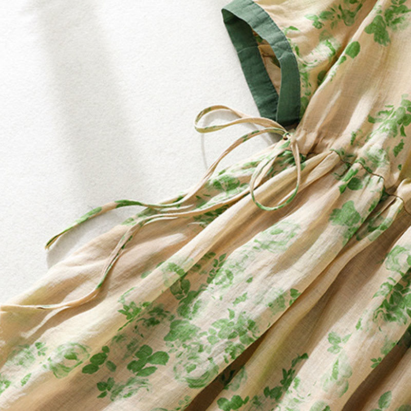 Robe mi-longue en coton à manches courtes et taille haute avec cordon de serrage et boutons imprimés de Buddha Stones et poches - image 14