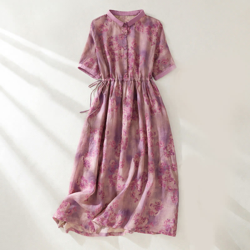 Robe mi-longue en coton à manches courtes et taille haute avec cordon de serrage et boutons imprimés de Buddha Stones et poches - Rouge violet pâle - US8-10，UK/AU12-14，EU40-42 (2XL) - image 20