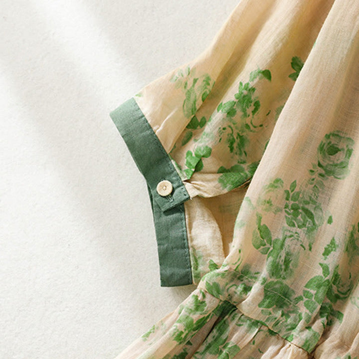 Robe mi-longue en coton à manches courtes et taille haute avec cordon de serrage et boutons imprimés de Buddha Stones et poches - image 12