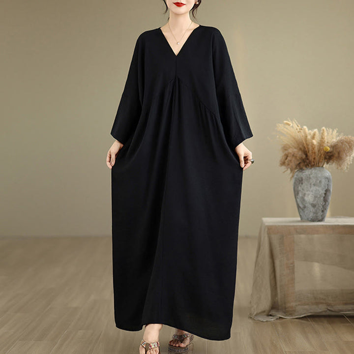 Robe mi-longue en coton à manches longues et col en V, motif Buddha Stones Fall, couleur pure - Noir - US4-12，UK/AU8-18，EU36-46(F) - image 0