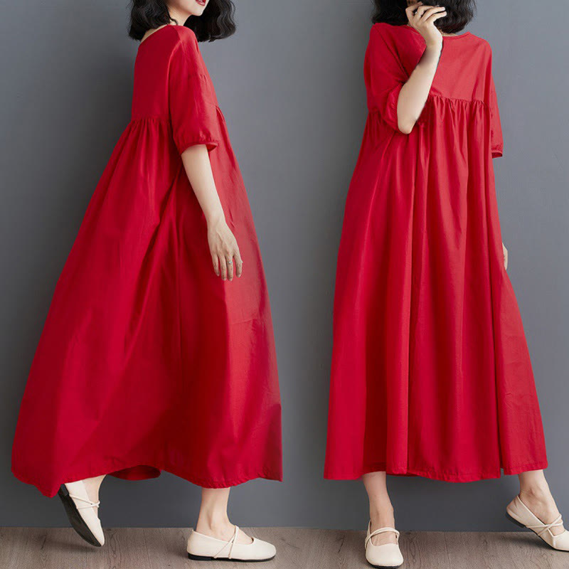 Robe mi-longue plissée en coton à col ras du cou et manches mi-bouffantes, couleur unie, motif Buddha Stones - Rouge - US14，UK/AU18，EU46 (2XL) - image 21