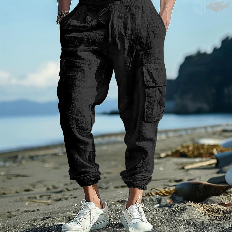 Pantalon cargo en lin uni avec cordon de serrage et poches pour homme Motif Buddha Stones - Noir - US/UK/AU46，EU56 (3XL) - image 1