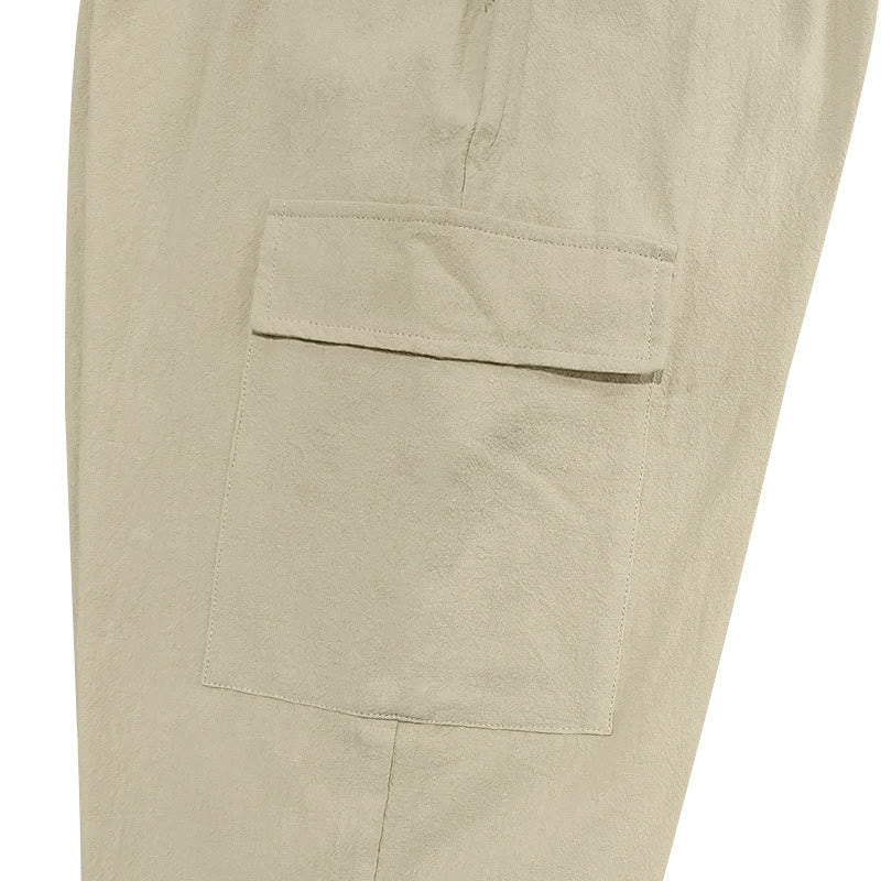 Pantalon cargo en lin uni avec cordon de serrage et poches pour homme Motif Buddha Stones - image 25