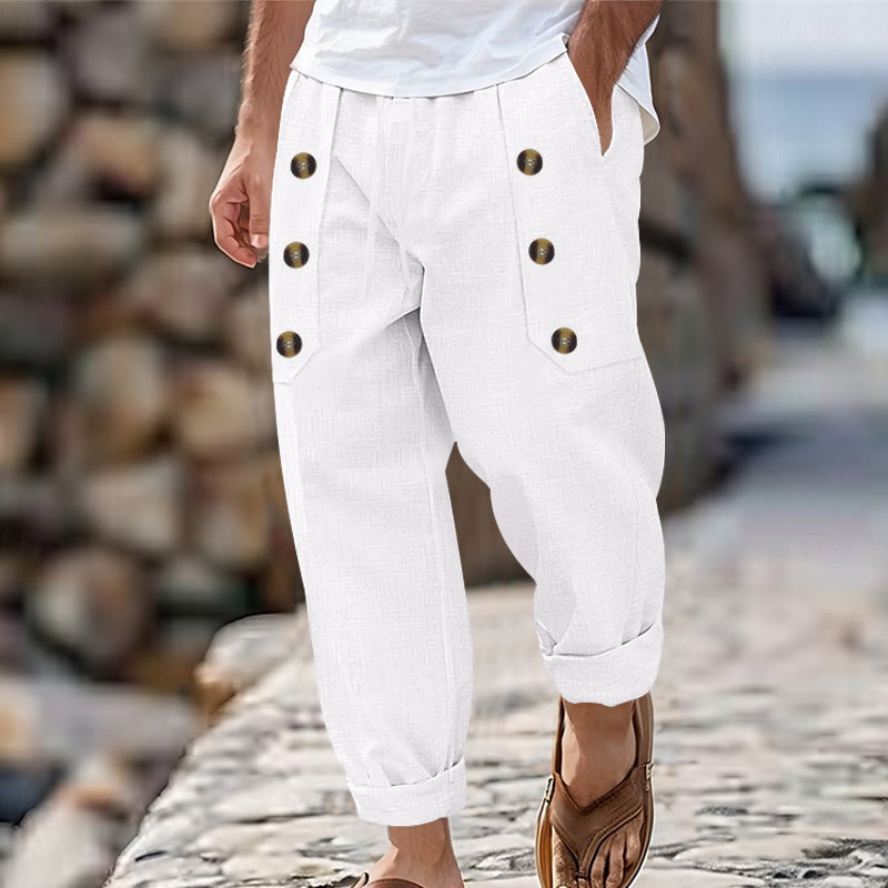 Pantalon décontracté en coton uni avec poches et boutons pour homme Motif Buddha Stones - Blanc - US/UK/AU46，EU56 (3XL) - image 1