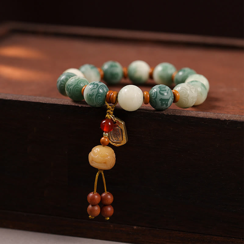 Bracelet de paix sculpté Zakiram en Buddha Stones dégradées Bodhi Seed Om Mani Padme Hum - Graine de Bodhi et Zakiram (circonférence du poignet : 15-16 cm) - image 1