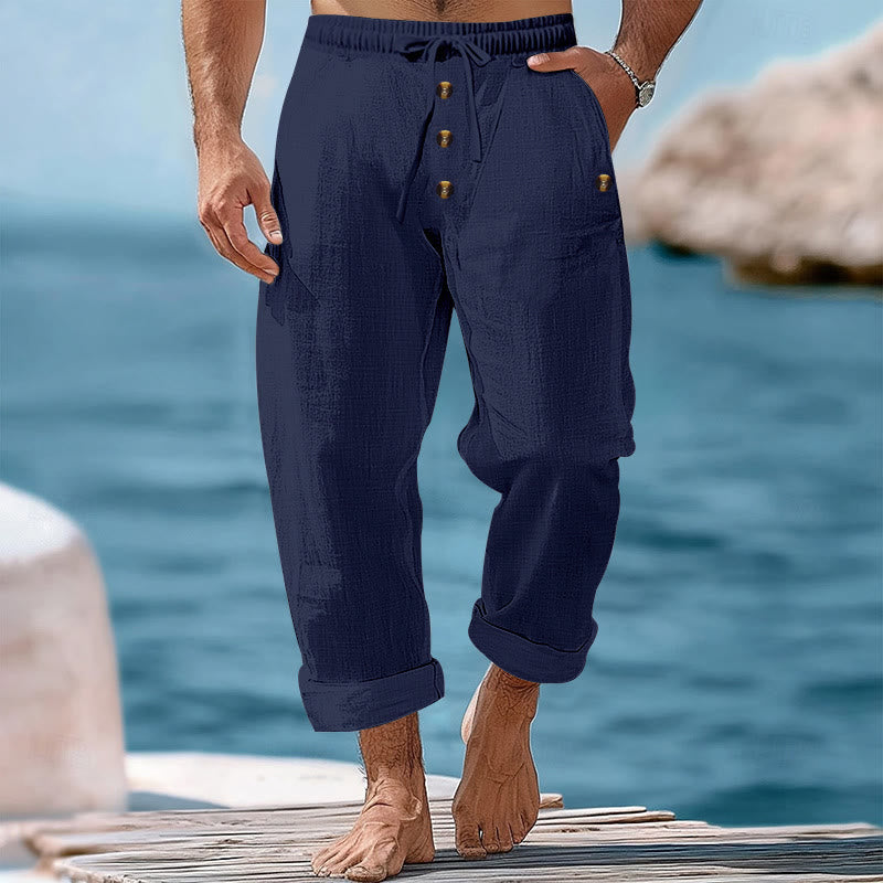 Pantalon en coton pour homme avec poches et boutons de couleur unie et cordon de serrage - Bleu acier - US/UK/AU46，EU56 (3XL) - image 1
