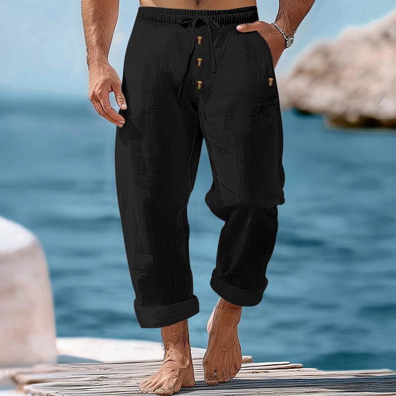 Pantalon en coton pour homme avec poches et boutons de couleur unie et cordon de serrage - Noir - US/UK/AU46，EU56 (3XL) - image 15