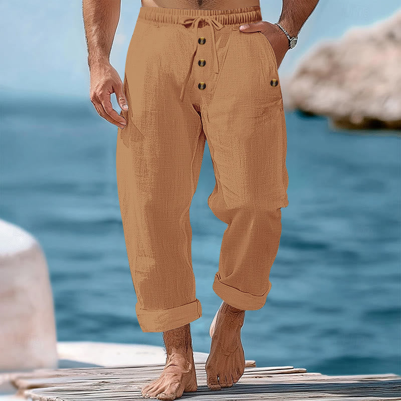 Pantalon en coton pour homme avec poches et boutons de couleur unie et cordon de serrage - SandyBrown - US/UK/AU46，EU56 (3XL) - image 48
