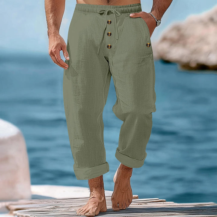 Pantalon en coton pour homme avec poches et boutons de couleur unie et cordon de serrage - Vert foncé - US/UK/AU46，EU56 (3XL) - image 27