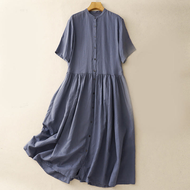 Robe mi-longue en coton et lin à manches courtes et poches, motif Buddha Stones Commute, boutons de couleur pure - Gris ardoise clair - US8-10，UK/AU12-14，EU40-42 (2XL) - image 1