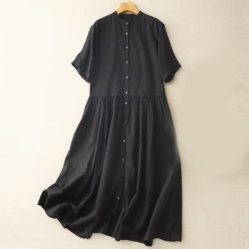 Robe mi-longue en coton et lin à manches courtes et poches, motif Buddha Stones Commute, boutons de couleur pure - Noir - US8-10，UK/AU12-14，EU40-42 (2XL) - image 9