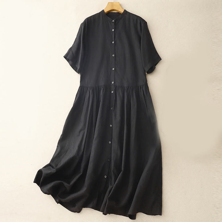 Robe mi-longue en coton et lin à manches courtes et poches, motif Buddha Stones Commute, boutons de couleur pure - Noir - US8-10，UK/AU12-14，EU40-42 (2XL) - image 9