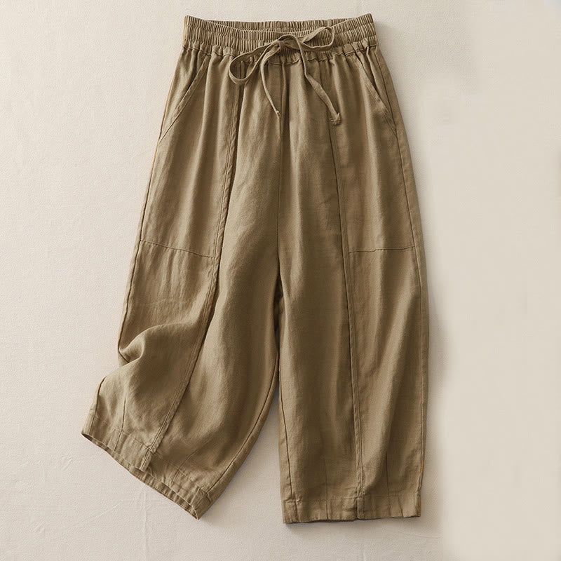 Pantalon décontracté uni à jambes larges et poches pour femme, en polyester, longueur 7-8, motif Buddha Stones, couleur unie, patchwork - Tanné - US8-10，UK/AU12-14，EU40-42 (2XL) - image 0