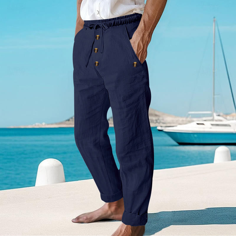 Pantalon en coton pour homme avec poches et boutons de couleur unie et cordon de serrage - image 2