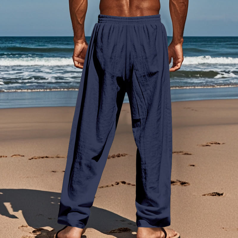 Pantalon en coton pour homme avec poches et boutons de couleur unie et cordon de serrage - image 3