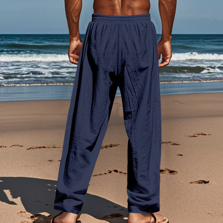 Pantalon en coton pour homme avec poches et boutons de couleur unie et cordon de serrage - image 3