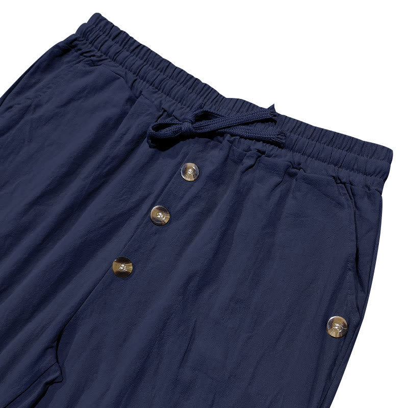 Pantalon en coton pour homme avec poches et boutons de couleur unie et cordon de serrage - image 4