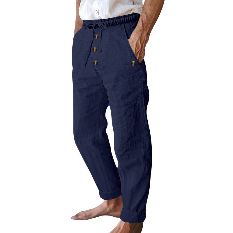 Pantalon en coton pour homme avec poches et boutons de couleur unie et cordon de serrage - image 4