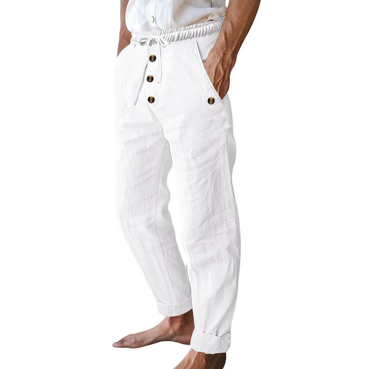 Pantalon en coton pour homme avec poches et boutons de couleur unie et cordon de serrage - image 11