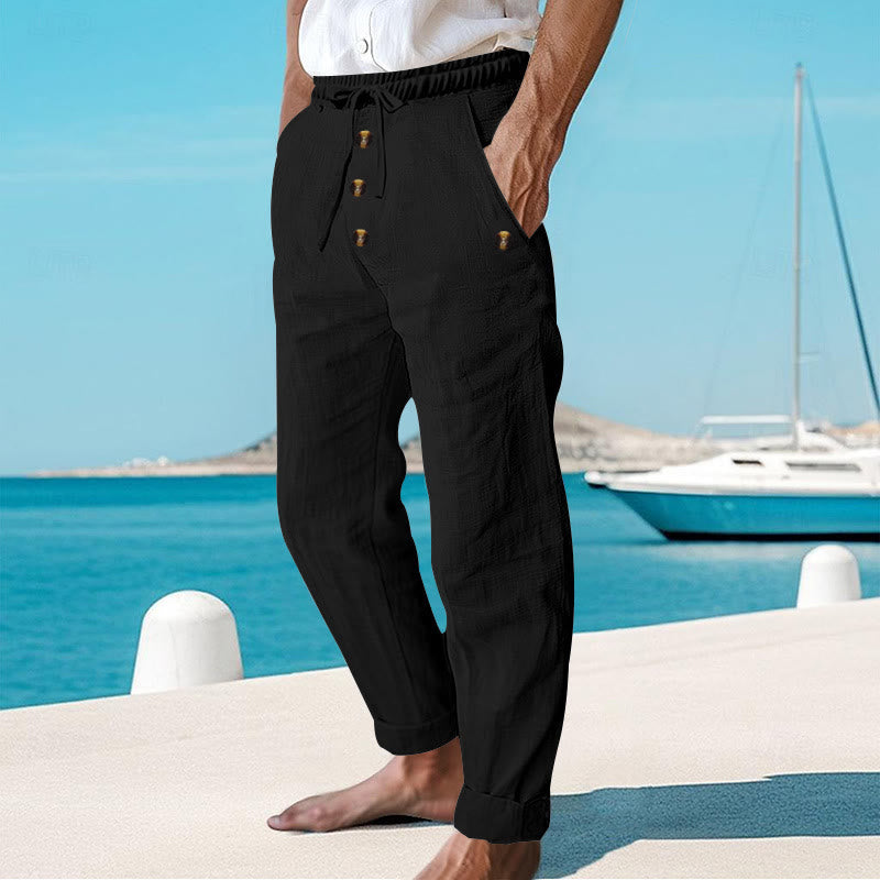 Pantalon en coton pour homme avec poches et boutons de couleur unie et cordon de serrage - image 16