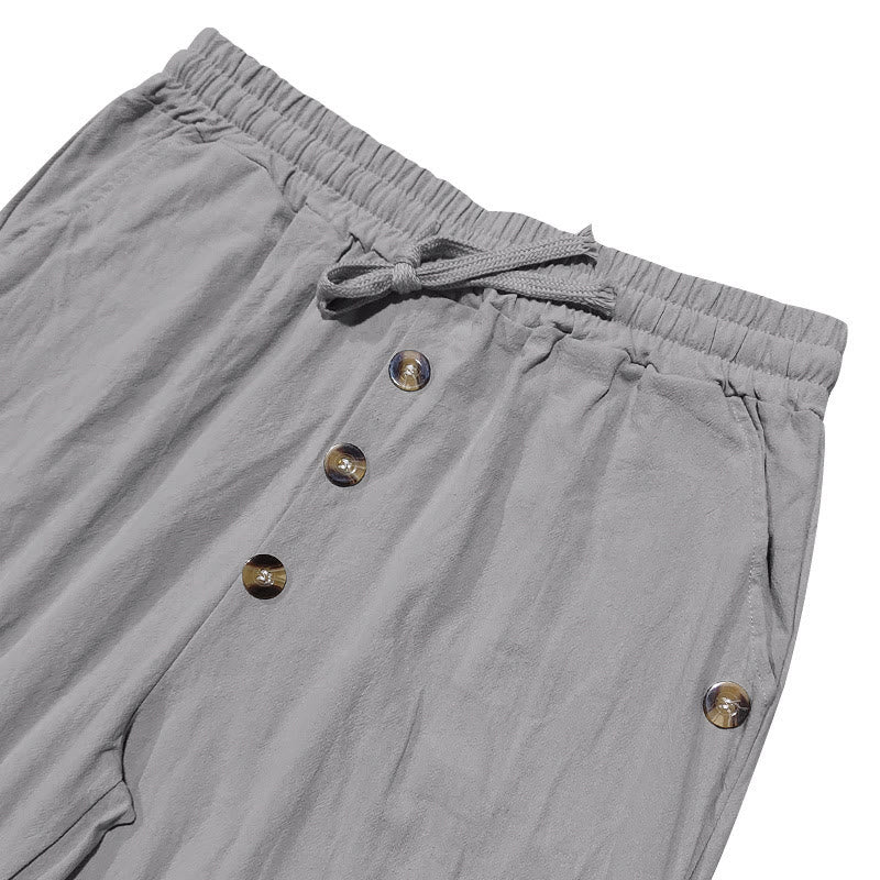 Pantalon en coton pour homme avec poches et boutons de couleur unie et cordon de serrage - image 24
