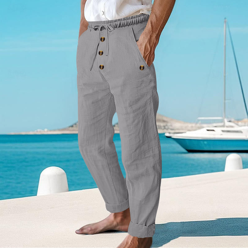 Pantalon en coton pour homme avec poches et boutons de couleur unie et cordon de serrage - image 22
