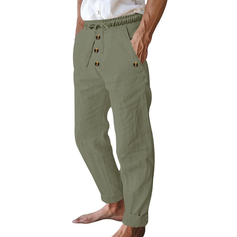 Pantalon en coton pour homme avec poches et boutons de couleur unie et cordon de serrage - image 30