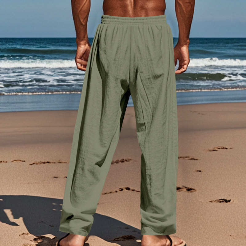 Pantalon en coton pour homme avec poches et boutons de couleur unie et cordon de serrage - image 29